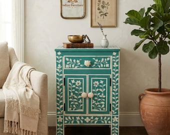 Handmade Bone Inlay Nightstand, Turquoise Floral Bedside, Modern Storage Furniture