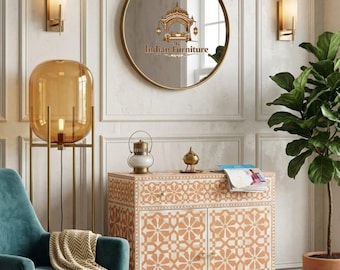 Bone Inlay Cabinet: Geometric Pattern , Accent Chest, Handcrafted Nightstand