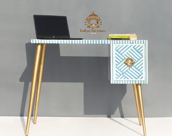 Floral Bone Inlay Work Desk, Handcrafted Writing Table with Metal Legs