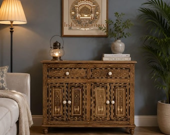 Handmade Teak Wood Inlay Sideboard, White Floral Geometric Cabinet