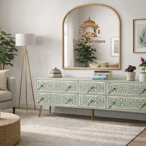 Handcrafted Bone Inlay Media Console, Turquoise Floral Pattern Furniture