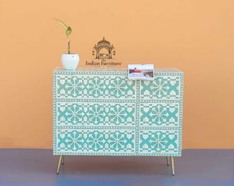 Mueble con incrustaciones de hueso verde, diseño floral, unidad de almacenamiento de 6 cajones.