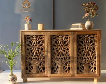 Handgefertigtes Sideboard aus Mangoholz, Weißer Blumenschrank