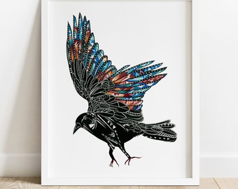 Crow Print, Spirit Bird Art, Abstract Animal Art, Crow Illustration