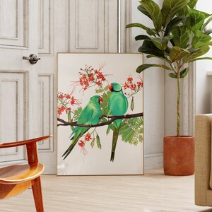 Sittich Print, Tropische Vogel Kunst, Papagei, Botanischer Druck