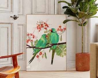 Parakeet Print, Tropical Bird Art, Parrot, Botanical Print