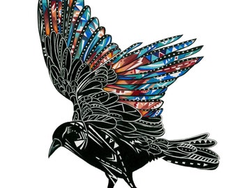 Crow Spirit Art Print, Colorful Wings, Bird Illustration