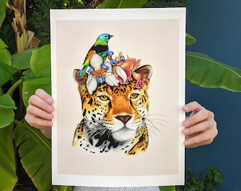 Jaguar Print, Jungle Cat, Botanical Art, Tropical Flower, Panther Illustration