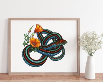 Snake Print, Garter Snake, Reptile Art, Botanical Art, California Poppy