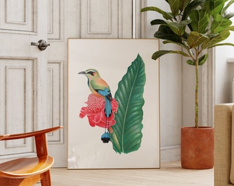 Motmot Print, Tropical Bird, Botanical Art, Colorful Home Decor