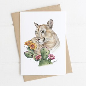 Carte Lion de montagne, Carte de vœux, Faune du désert, Cadeau animalier, Opuntia Cactus
