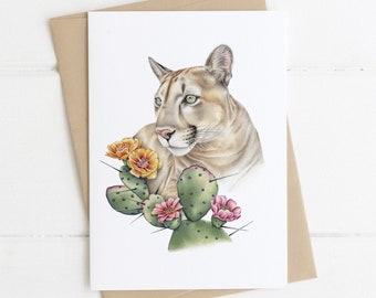 Mountain Lion Card, Greeting Card, Desert Wildlife, Animal Gift, Opuntia Cactus