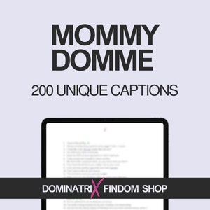 May include: A digital download of 200 unique captions for use on social media. The download is available from Dominatrix Findom Shop. The image shows a tablet screen displaying a list of captions.