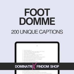 Könnte beinhalten: Ein digitales Tablet zeigt ein Dokument mit dem Text "FOOT DOMME 200 EINZIGARTIGE BILDUNTERSCHRIFTEN" und die Logos "DOMINATRIX" und "FINDOM SHOP".