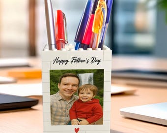 Personalised Building Block Desk Tidy – Father’s Day Gift for Him, Office Accessory, Dad & Child Design