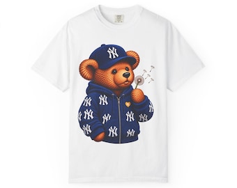 Teddy Bear in NY Puffer Jacket T-shirt | Bear Wearing Yankees Cap and Puff Jacket