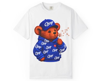 Chicago Bear blowing bubbles T-Shirt | Bear in Chicago cap and jacket, Chicago Cub T shirt