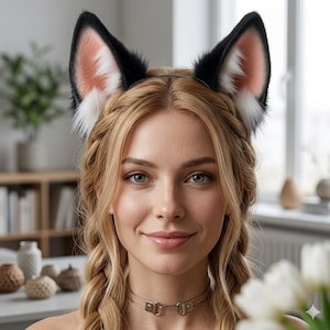 May include: A woman with blonde hair wearing a black and white furry fox ear headband. The ears have pink and white inner details. She is also wearing a silver choker necklace. The background includes a bookshelf and flowers.