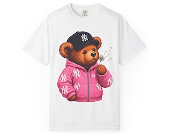 Teddy Bear in NY Puffer Jacket T-shirt | Bear Wearing Yankees Cap and Puff Jacket