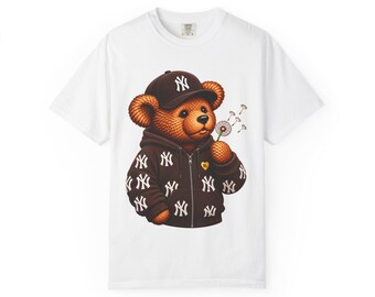 Teddy Bear in NY Puffer Jacket T-shirt | Bear Wearing Yankees Cap and Puff Jacket