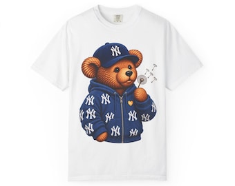 Teddy Bear in NY Puffer Jacket T-shirt | Bear Wearing Yankees Cap and Puff Jacket