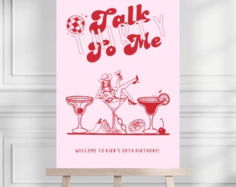 Retro Talk Thirty To Me welkomstbord, funky 30e welkomstbord, handgetekende bewerkbare 30e sjabloon, afdrukbaar 30e bord, DIY 30e bordeauxrood