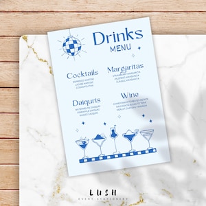 Hand gezeichnet Bachelorette Bar Menü illustrierte Getränkekarte Cocktails Vorlage DIY Braut Brunch Abendessen Bar Menü Funky Retro Blue Bar Vorlage