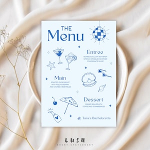 Handgezeichnetes Bachelorette-Menü, Brautparty-Menü, Hens Party Food-Menü, Party-Menü, Illustriertes Strand-Menü, Retro Brautblaues Menü-Vorlage
