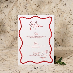 Ręcznie rysowane menu wieczoru panieńskiego, ilustrowane menu wieczoru panieńskiego, czerwone faliste menu kur, szablon menu urodzinowego, szablon menu kolacji