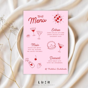 Plantilla de menú de despedida de soltera dibujada a mano, menú de despedida de soltera, menú de comida para despedida de soltera, menú de fiesta, menú escrito a mano, menú retro de novia en rosa y rojo