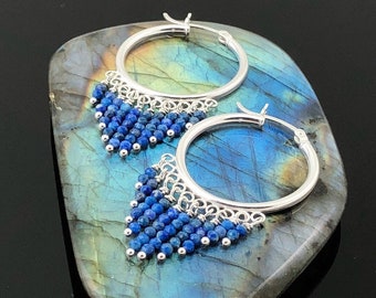 Sterling Silver Hoops with Lapis Lazuli Beaded Fringe, Boho Southwestern Hippie Festival Earrings, Penny's Treasures - Blue Funday Earrings