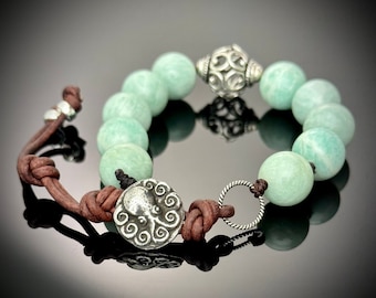 Amazonite Sterling Silver Pewter Octopus Button Bracelet, Knotted Minty Green Gemstone Brown Leather Wrist Wrap, Nautical Beachy Coastal