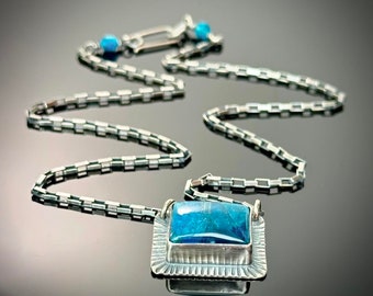 Sterling Silver Apatite Necklace, Teal Blue Gemstone, Oxidized Rectangular Box Chain Necklace, Simple Everyday Casual Necklace - Agua Azul