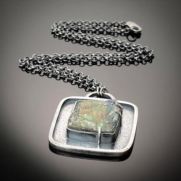 Labradorite Druzy Statement Necklace, Orange Yellow Blue Green Raw Square Gemstone, Oxidized Sterling Silver Chain Metalsmith Necklace