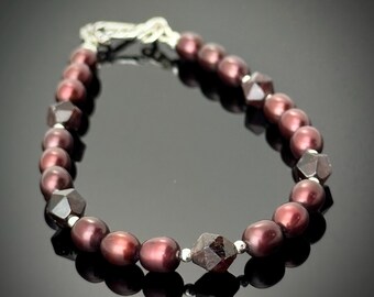 Cranberry Freshwater Pearl Bracelet, Garnet Sterling Silver Autumn Bracelet, Merlot Wine Red Gemstone, Dressy Elegant Classic Pearl Bracelet