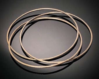 Triple Interlocking Brass Bangles, Textured Oxidized Golden Metal, Slender Minimalist Everyday, 3 Bangle Bracelets - Conjoined