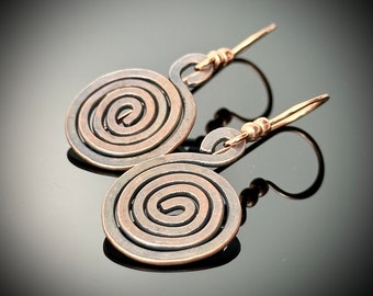 Copper Spiral Earrings, Hammered Oxidized Thick Copper Wire Swirl Earrings, Rustic Bohemian Southwestern, Casual Everyday Dangles- Eternity