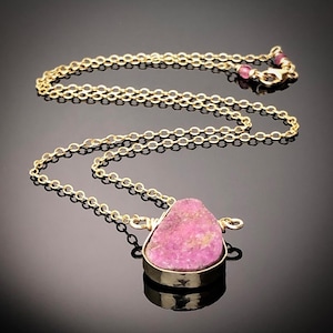 Cobalto Calcite Druzy with Gold-Filled Chain Necklace, Pink Raw Gemstone Necklace, Minimalist Gold Layering Necklace - Pretty In Pink