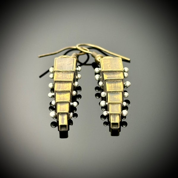 Mixed Metal Brass and Fine Silver Cubist Brutalist Earrings, Edgy Industrial Architectural Post Apocalyptic Kinetic Earrings - Urban Decay