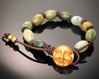 Burmese Jadeite Jade Hand Knotted Rustic Leather Boho Bracelet with Golden Sun Button and Brass, Handmade by Penny's Treasures - Eastern Sun