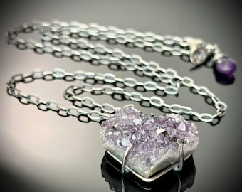 Prong Set Amethyst Druzy Heart Necklace, Sterling Silver Raw Crystal Purple Gemstone, Oxidized Chain Casual Everyday Necklace - Purple Haze