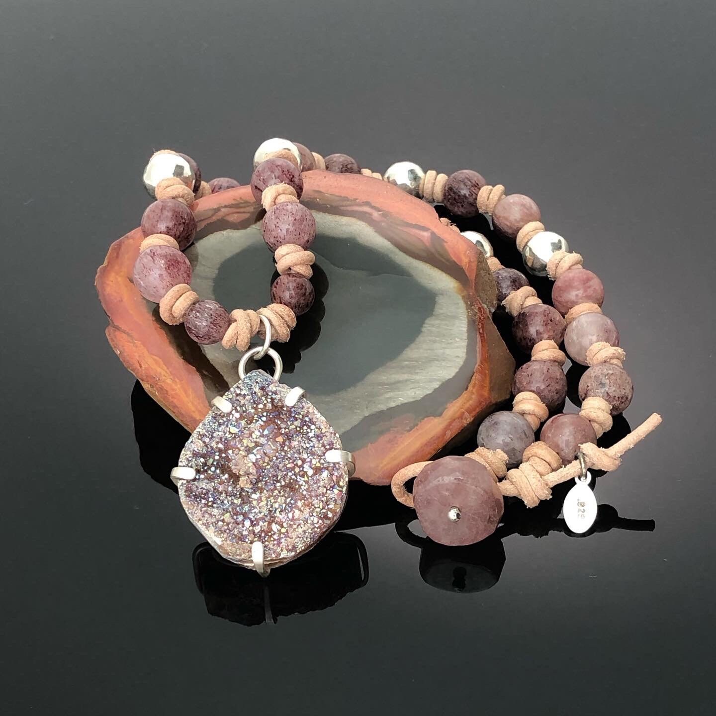 Beautiful coppery/orange sparkly Druzy pendant on beaded/leather necklace! Stunning aura druzy quartz crescent moon pendant main image 3