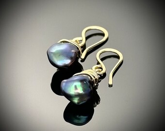 Baroque Keshi Pearl Earrings, Black Peacock 14k Gold Filled, Minimalist Gemstone Earrings, Small Earrings For Work, Valentine Gift For Her