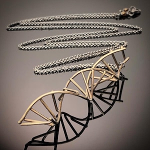 Brass Double Helix DNA Necklace, Long Oxidized Sterling Silver Chain, Geneticist Sculptural Architectural Spiral Staircase Necklace - DNA