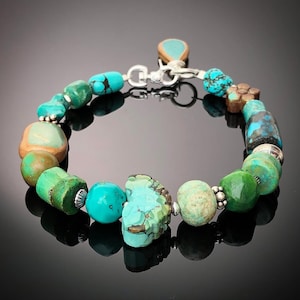 Turquoise Sterling Silver Bracelet, Green Blue Gemstone Rustic Eclectic Southwestern Boho Turquoise Variety Bracelet - Love Turquoise