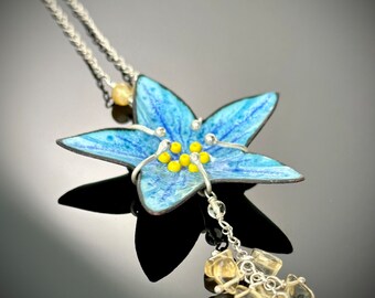 Enameled Copper Star Pendant with Citrine and Sterling Silver, Yellow Blue Glass Enamel, Art Jewelry Flower Statement Necklace - Star Flower