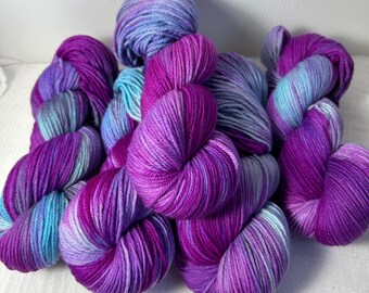 Purple, Pink, Aqua and Grey Hand Dyed 8ply DK Wool and Nylon  225 Metres