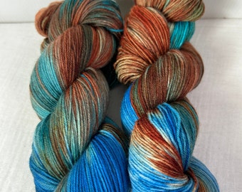 Teal, Aqua, Rust, Brown Hand Dyed 4ply Sock Wool/Nylon Yarn 400 Mtrs  100gms