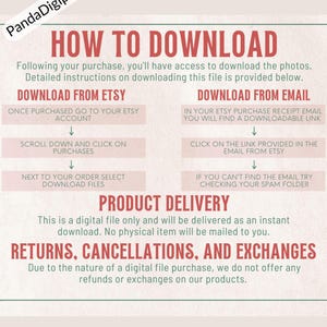 May include: A digital download guide with instructions on how to download files from Etsy and email. The text includes steps for downloading from Etsy and email, along with information on product delivery and returns.