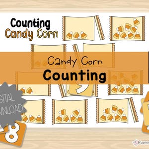 Peut inclure: Un téléchargement numérique présentant une activité de comptage avec des illustrations de bonbons de maïs. La conception comprend des sacs de bonbons de maïs avec des quantités variables de bonbons de maïs, des cartes de nombres et le texte "Counting Candy Corn". L'image a une palette de couleurs orange clair et blanche.